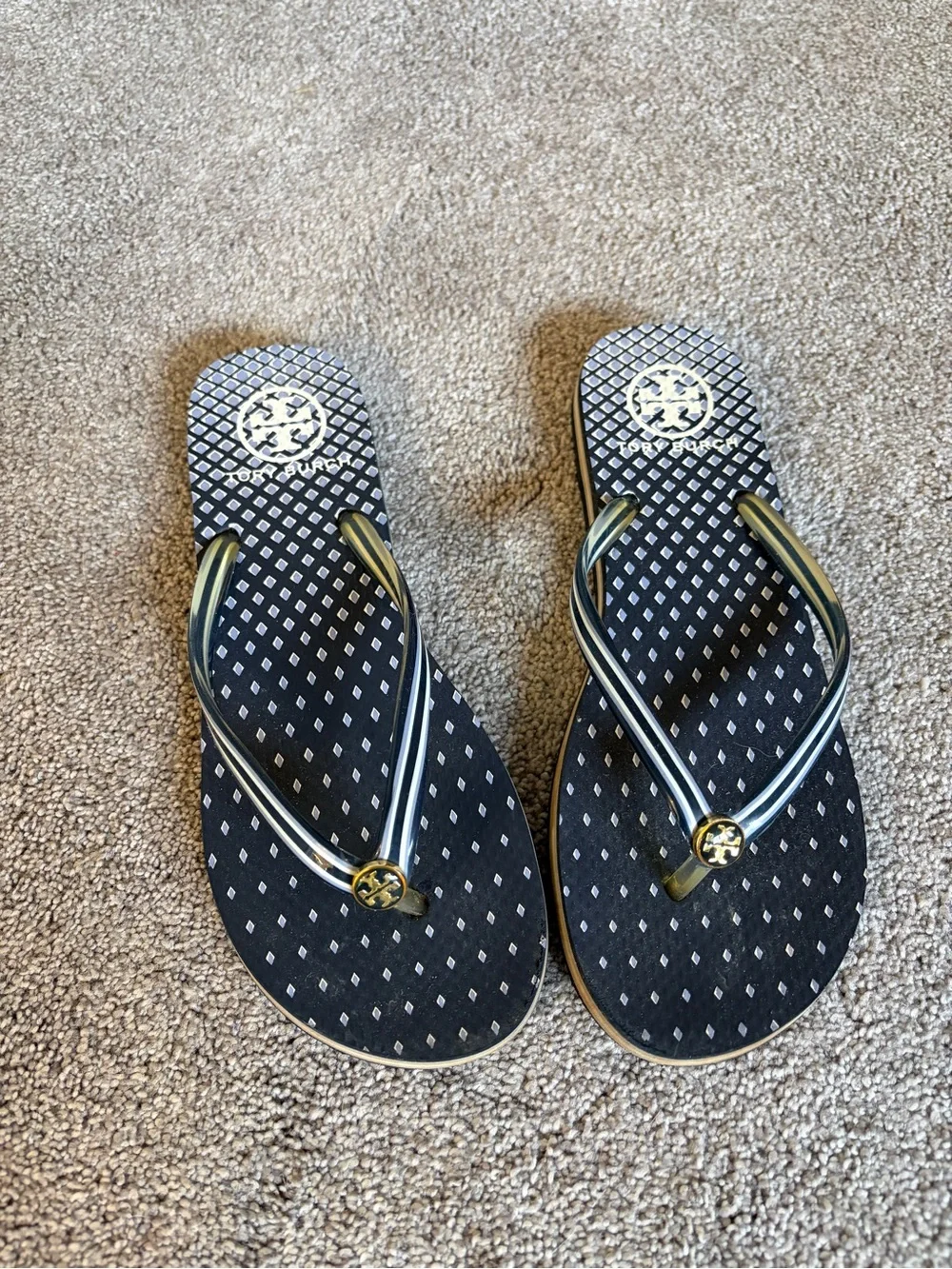Tory Burch Navy and White Flip Flop Sandals with Classic Gold Logo Accents
